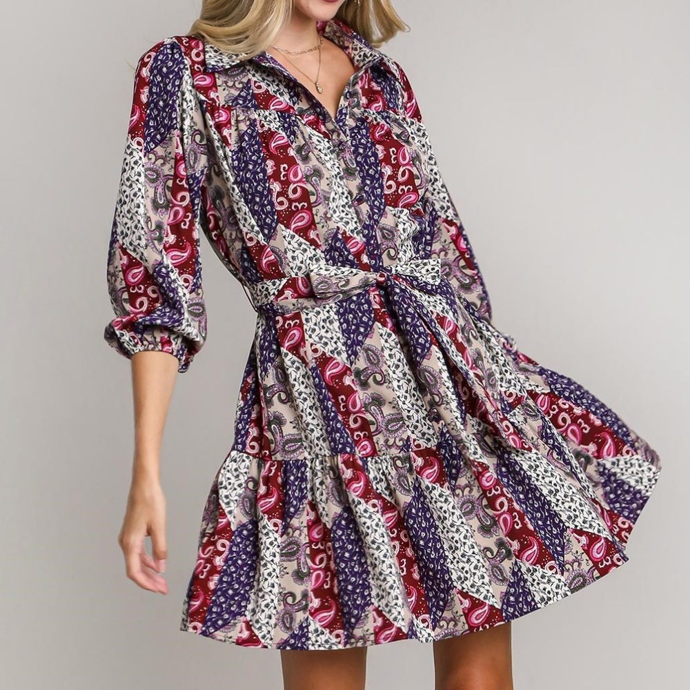 NWT Umgee Mixed Print Paisley Mini Dress | Wine Mix